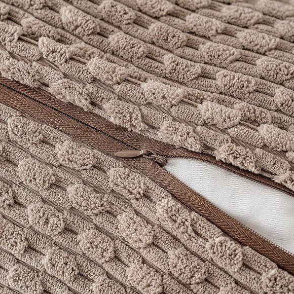 Pompom Tan Stripe Texture Corduroy Farmhouse Cute Luxury Soft Pillow Cover Set - Picture 5 of 7